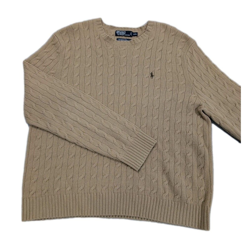 VTG 90s Polo Ralph Lauren Merino Wool Angora Cable Knit Sweater Camel Mens XXL